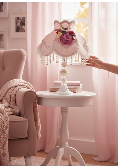 İpek Pudra Pembe Kadife Kumaş Gece Lambası Abajur Salon Ve Yatak Odası Dekorasyon Vintage Ab0014p