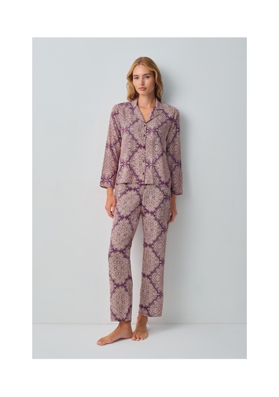 Suwen Harper Gömlek Yaka Pijama Takımı Wsh10510047662 Bordo Desenli