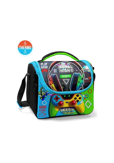 Coral High Kids Siyah Fosforlu Yeşil Kulaklık Game Desenli Thermo Beslenme Çantası 11877