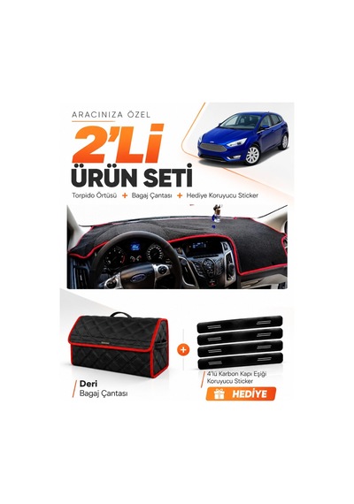 Ford Focus 3 2011-2016 Uyumlu Torpido Örtüsü + Deri Bagaj Çantası + Sticker Seti - Siyah Kırmızı
