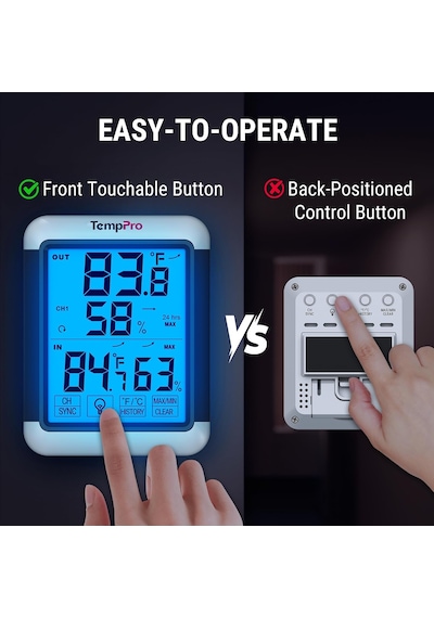 Thermopro Tp65 Dijital İç Ve Dış Mekan Termometre, Dokunmatik Işıklı Dev Ekran, Kablosuz Sensörlü Nem Ve Sıcaklık Ölçer