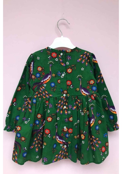 Kuş Desenli Yeşil Pazen Kız Çocuk Bebek Elbise 001