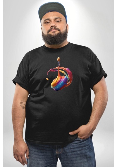 Angemiel Resim Fırcası Siyah Büyük Beden Erkek Kadın Unisex Basic Ön Baskılı Tişört Siyah