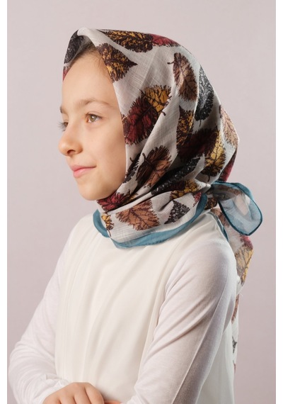 Hürrem Bone Petrol Mavisi Dijital Baskılı Çocuk Tesettür Eşarp Pamuk Polyester Yaprak Desenli 6003 17 Petrol Mavisi
