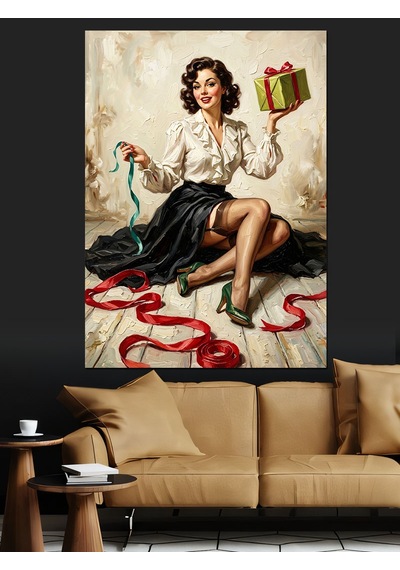 Hediye Kutusuyla Retro Pin Up Dekoratif Kanvas - Mdf Ahşap Tablo