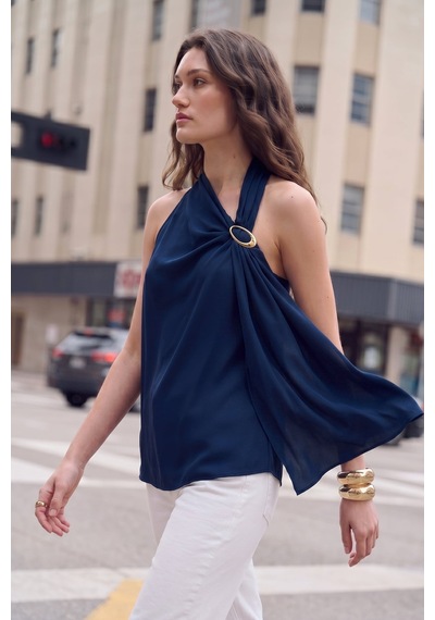 Sateen Aksesuar Detaylı Kolsuz Bluz - Lacivert-137513