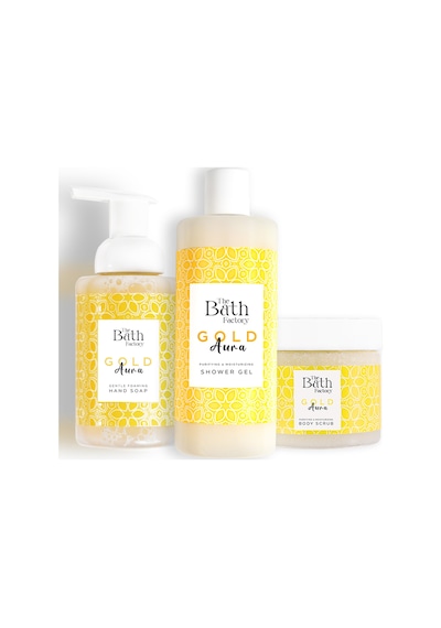 The Bath Factory Gold Aura Vücut Peeling + Gold Aura Duş Jeli + Gold Aura Köpük Sabun﻿﻿