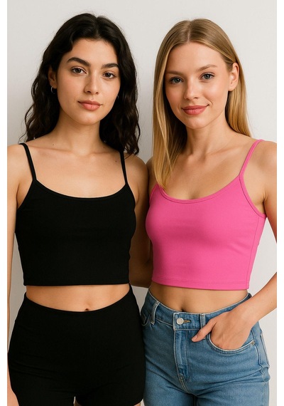 Kadın 2'li Paket Pembe Siyah Kısa Crop İp Askılı Krop Bluz Büstiyer Çok Renkli
