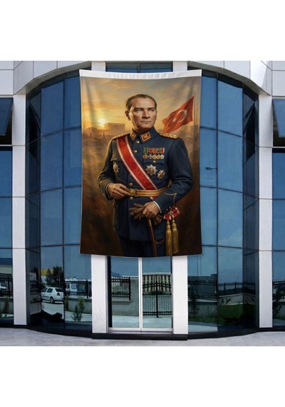 Askeri Üniformalı Atatürk Portresi Poster Bayrak Raşel Kumal 4x6 Metre Ata75 Diğer