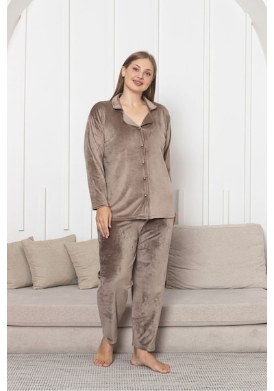 Büyük Beden Boydan Düğmeli Kadife Pijama Takımı Vizon