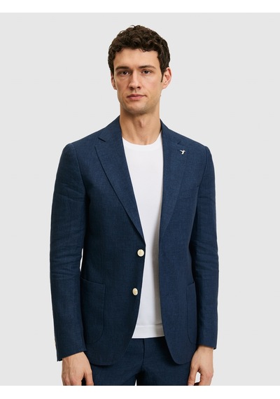 Cacharel Lacivert Slim Fit %100 Keten Mikro Desen Mono Yaka Ceket