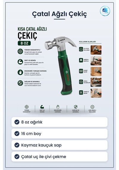 Çekiç Kısa Çatal Ağızlı 8 Oz 16 Cm Ergonomik Yumuşak Sap Htaş Mar