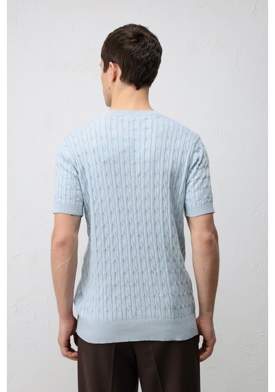 Antioch Pamuklu Burgu Örgü Erkek Triko T-shirt Mavi