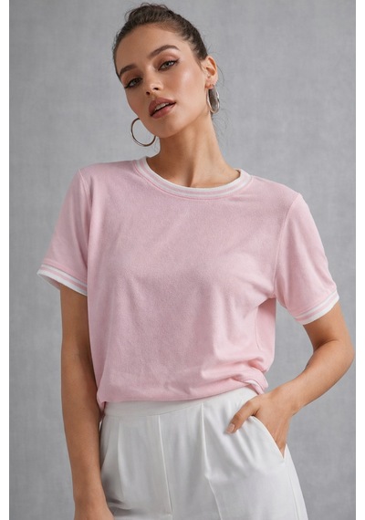 Kadın Pembe Bisiklet Triko Yaka Kısa Kollu Basic T-shirt Pembe