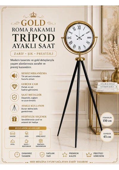 Gold Roma Rakamlı Lüks Tripod Ayaklı Saat