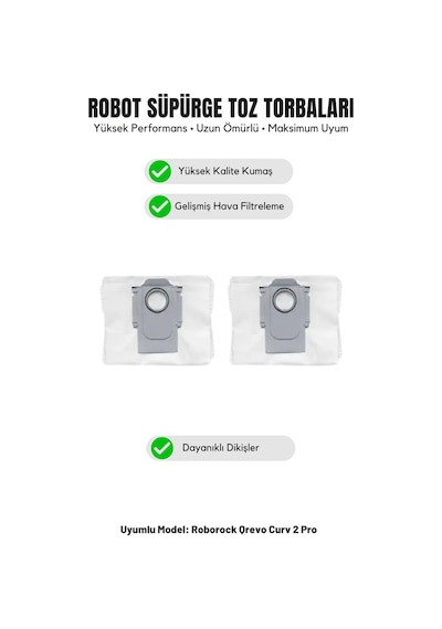 Roborock Qrevo Curv 2 Pro İle Uyumlu 2'li Toz Torbası 17.0