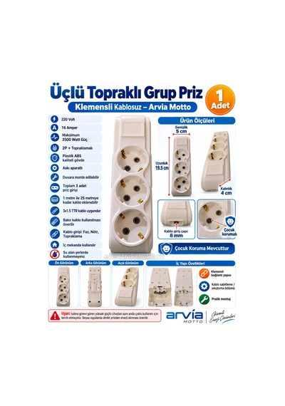 Arvia Motto Üçlü Beyaz Grup Priz Topraklı Klemensli 3lü Kablosuz Standart