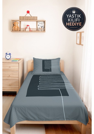 Geometrik Gri Genç Odası Tek Kişilik Pike Takımı - Modern Antrasit 160x220 Cm Kapitone Yatak Örtüsü Killi Ada Işıltısı