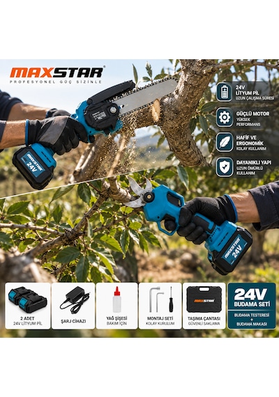 Maxstar 24v Akülü Budama Testeresi Ve Budama Makası 2'li Set 2 Akülü, Şarjlı Bahçe Budama Seti