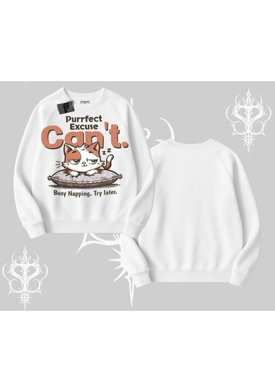 Startmore Kedi Baskılı Cant Busy Napping Y2k Biskilet Sweatshirt Beyaz