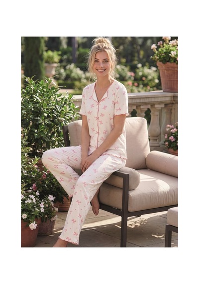 Eyfuze Kadın Baskılı Fiyonk Detaylı Raporlu Kaşkorse Kısa Kollu Pijama Takımı Beyaz-1