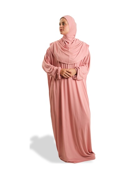 Hürrem Bone Tek Parça Namaz Elbisesi Viskon Düz 2503 06 Pudra