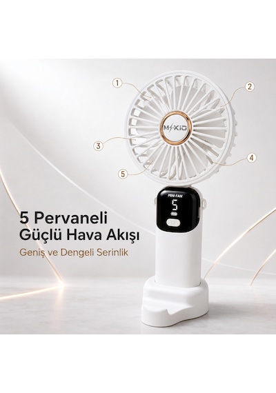 Mkio Şarjlı El Vantilatörü 5 Kademeli, Katlanabilir Dijital Ekranlı Mini El Fanı, 1200 Mah, 5 Pervaneli Güçlü Hava Akışı, Standlı Masaüstü Fan, Usb Şarjlı -beyaz