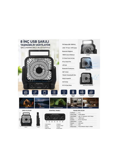 8 İnç Solar Kamp Vantilatörü Fm Radyolu Bluetooth Hoparlörlü Led Işıklı Pd950 Evimdeyokyok