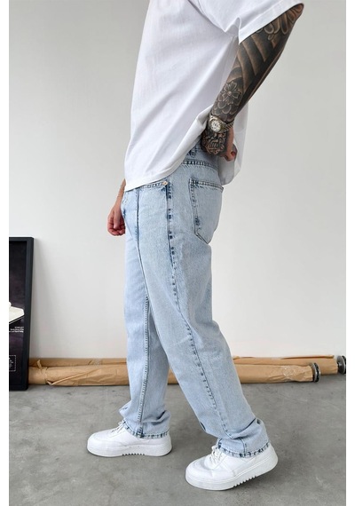 Buz Mavi Ön Tasarım Çımalı Baggy Pantolon