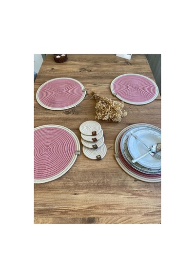 Jüt Hasır Amerikan Servis Supla Ve Bardak Altı 8 Parça Pembe Krem Pembe Krem