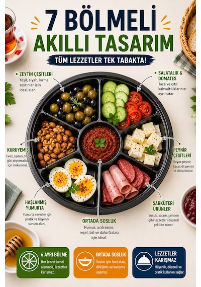 7 Bölmeli Kahvaltı Meze Kabı Kapaklı 26 Cm Tek Kullanımlık Salata Sunum Ve Paket Servis Kabı Seti Siyah