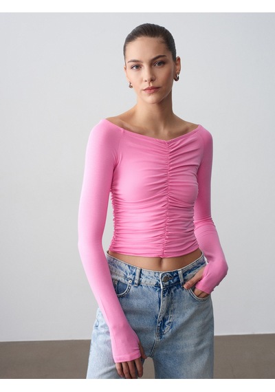 Dilvin 32089 Omuzları Açık Büzgülü Top-pembe