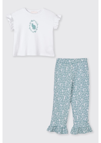 Panço Kız Çocuk Kolları Fırfır Detaylı Kedi Desenli Beli Lastikli Mavi Pijama Takımı 2511GK39004