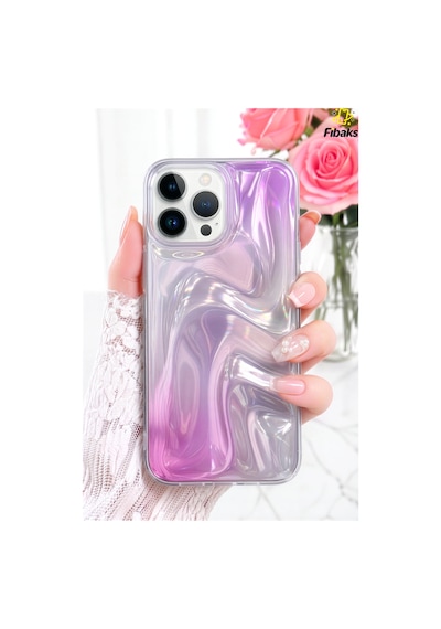 Fibaks iPhone 16 Pro Max Uyumlu Kılıf Rüya Shine Saten Dokulu Renk Geçişli Hologram Efektli 3d Baskılı Silikon