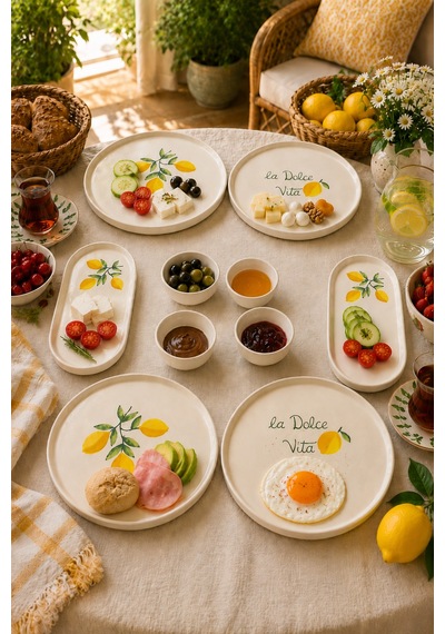 Amalfi 10 Parça 4 Kişilik Stackable Seramik Kahvaltı Takımı Limon Desenli Ayaklı Sunumluklu Sofra Seti Beyaz