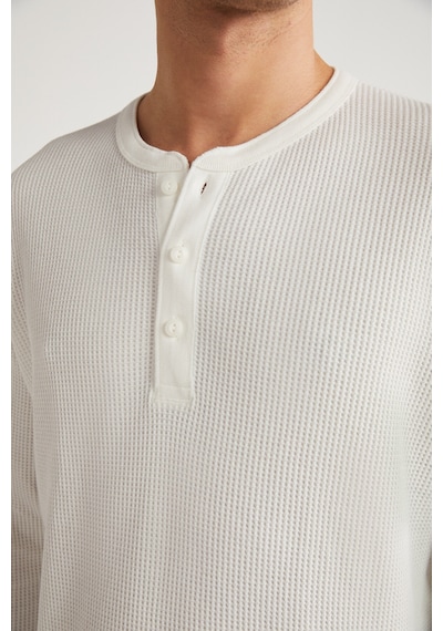 Grımelange Patrıck Erkek Triko Waffle Özel Dokulu Kalın Premium Kumaşlı Düğme Detaylı Beyaz T-shirt
