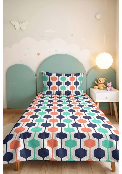 Geometrik Lacivert Genç Odası Tek Kişilik Pike Takımı - Mint Somon 160x220 Cm Kapitone Yatak Örtüsü Altın