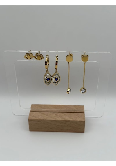 Arnes Jewelry Çelik Zirkon Taşlı Nazarlı Göz Detaylı 3 Çift Set Küpe Ar309nes Gold