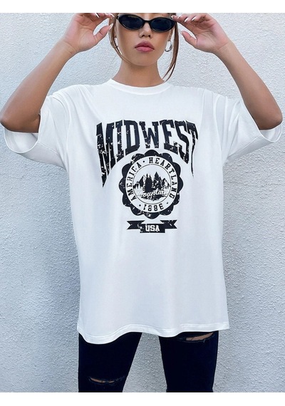 Beyaz Oversize Midwest Series 6 T-shirt - Oversize Baskılı Beyaz