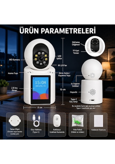 Apronx 2k Wifi Akıllı Bebek Güvenlik Kamerası Ekranlı 360 Ptz Hareket Takip Type-c 5v