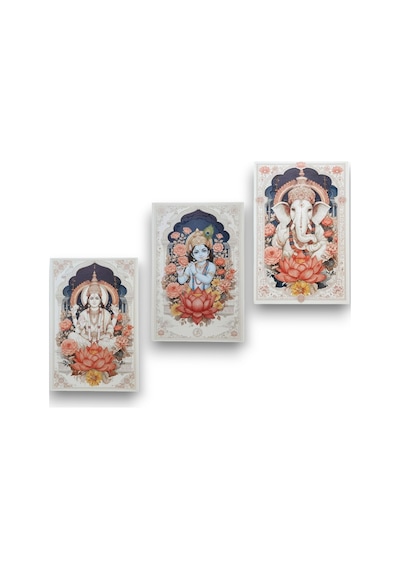 Bohem Hint Tanrıları Ahşap Tablo Serisi - 3 Parça Spiritüel Duvar Sanatı Seti - Ganesha, Vishnu, Krishna Özel Baskı Tablo