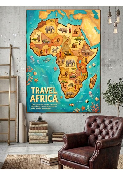 Afrika Haritası Seyahat Poster Tablosu Dekoratif Kanvas - Mdf Ahşap Tablo Çok Renkli