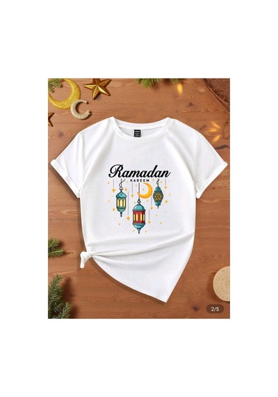 Stil X Ramazan Bayramı Baskılı Kız Çocuk Tshirt, %100 Pamuklu Kumaş Beyaz-1