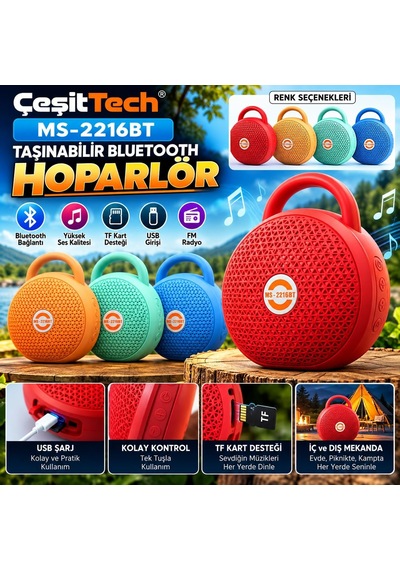 Çeşittech Ms-2216bt Taşınabilir Bluetooth Hoparlör, Yuvarlak Tasarım, Taşıma Saplı, Kablosuz Şarjlı Mini Ses
