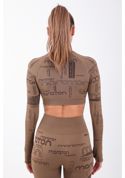 Maraton Active Slimfit Kadın Bisiklet Yaka Uzun Kol Koşu Kakao Crop Top 816025 Kahverengi