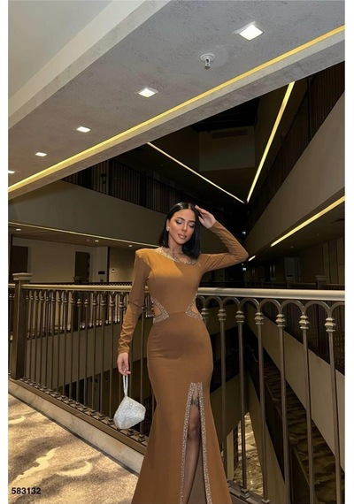 DefyModa Kadın Bisiklet Yaka Taş Detaylı Uzun Kollu Abiye Elbise Vizon