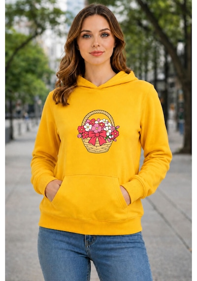 Herkesemoda Çiçek Sepeti Baskılı Kapüşonlu 2 İplik Şardonlu Sweatshirt Sarı