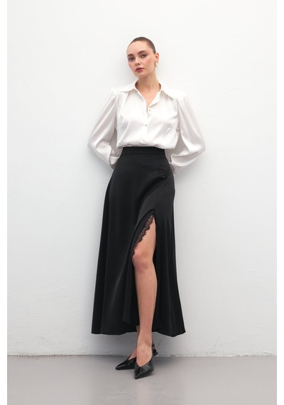 Sateen Dantel Detaylı Saten Etek - Siyah-137170 Siyah