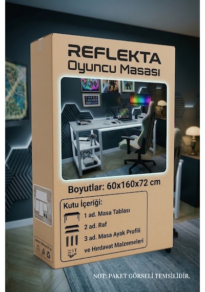 Reflekta Raflı Oyuncu Masası 60x160 Cm. Gaming Masa Demonte Beyaz-beyaz