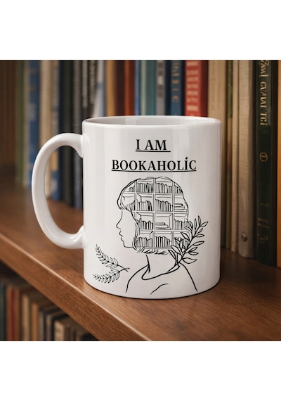 I Am Bookaholic Yazılı Kitap Temalı Kupa Model 213 Baskılı Seramik Kahve Kupası Çok Renkli